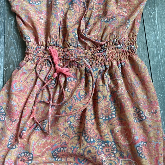 Boemo Boho Paisley Maxi Dress Smocked Waist Tassel Tie Tiered Ruffle Long Sleeve - Picture 2 of 4